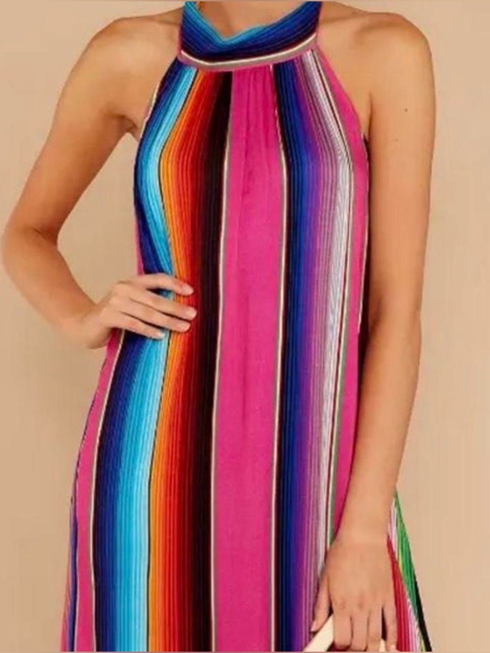 Judith March Serape Stripe Halter Maxi Dress Neck Tie Tassel NWT - Picture 5 of 9